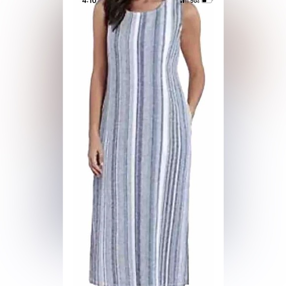 NEW BLUE WHITE LINEN VERTICAL STRIPE Long Dress Pockets Stretchy Beach Summer S - Picture 4 of 12